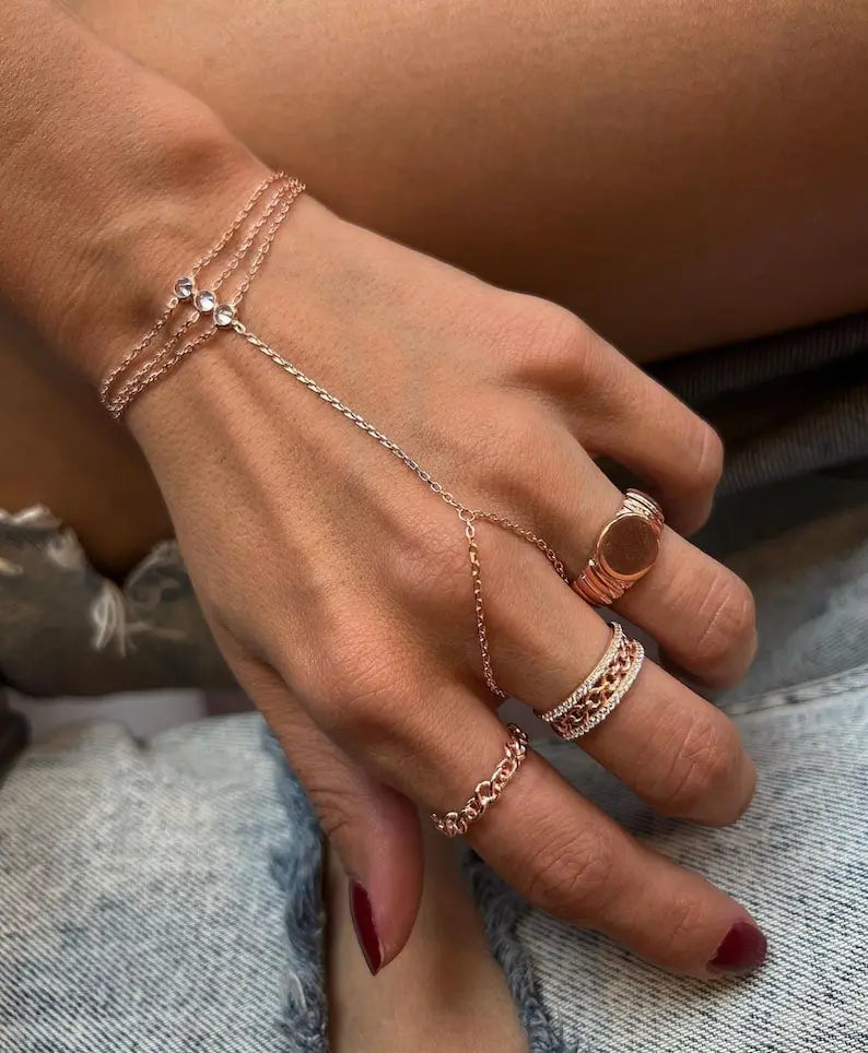 14K Gold Plated Titanium Fashion Bracelet for Women Dainty Triple Hand Chain Finger Bracelet with Zircon Crystal, Gifts for Girl