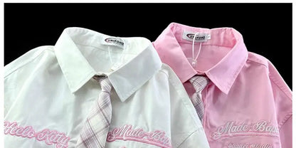 Hello Kitty Cute Short Sleeve Polo Shirts Women Sanrio Designer College Style Summer Blouse Korean Clothes Y2k New Fashion Tops