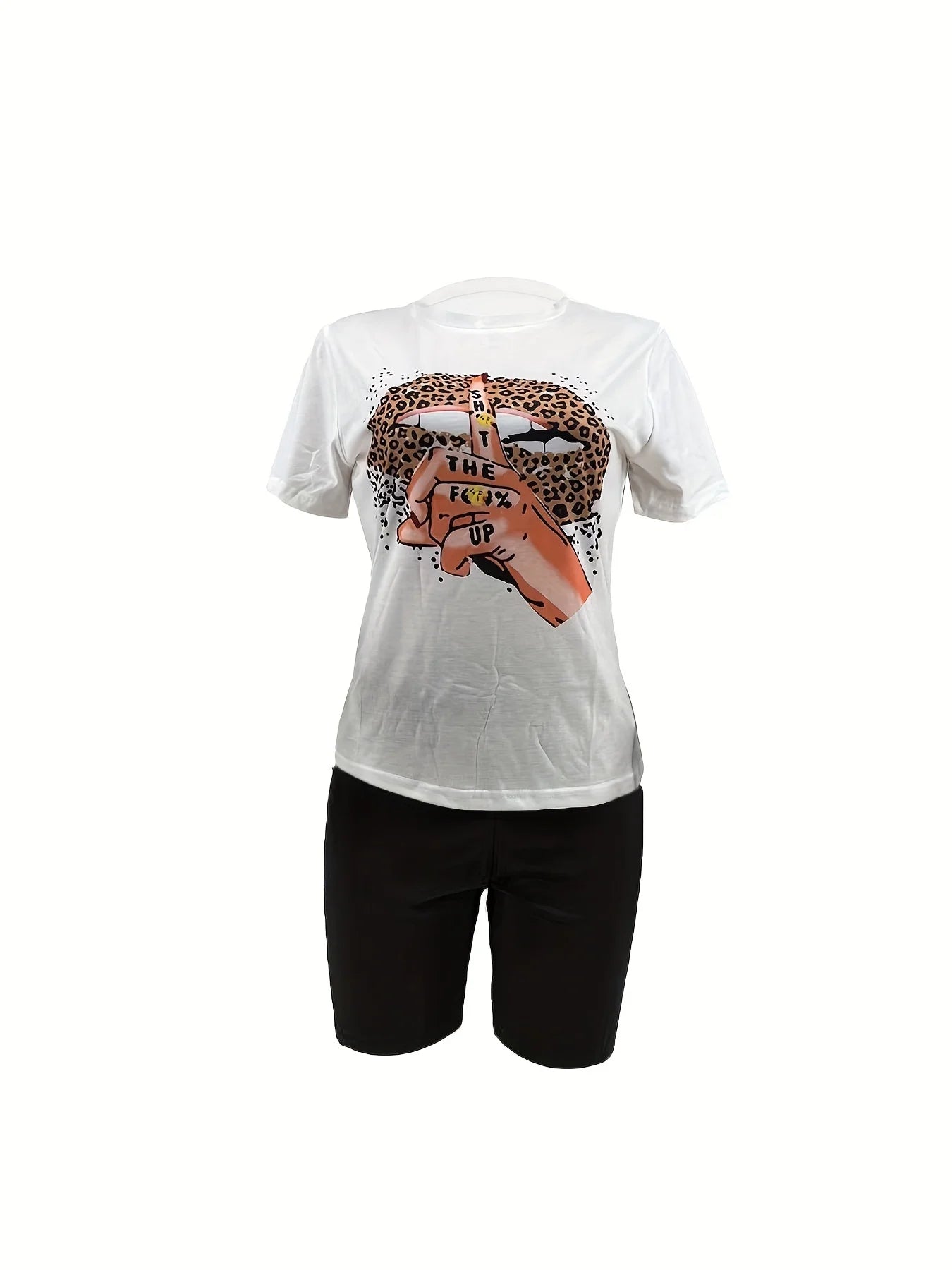Women's summer casual loose fit large size Leopard Lips print round neck short sleeved T-shirt+shorts two-piece set