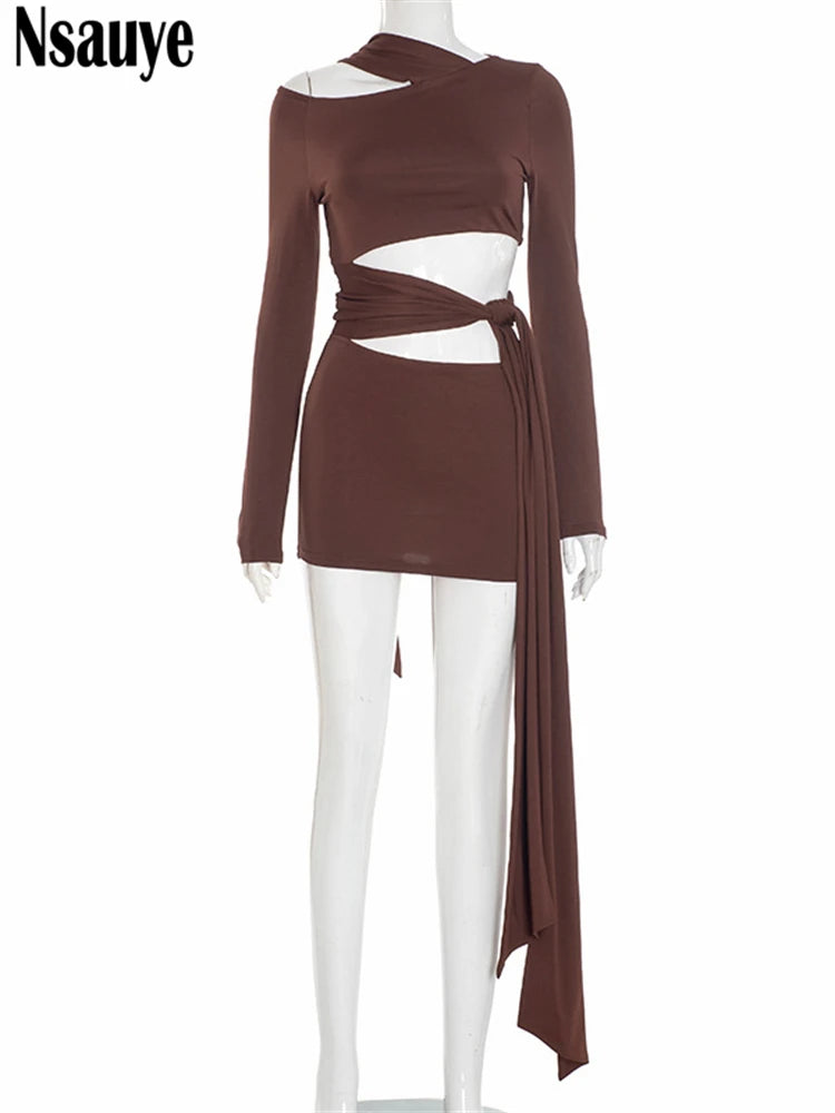 Nsauye Women New Fashion Halter Long Sleeve Mini Hollow Out Irregular Dress Outfits Elegant Sexy Night Club Lace Up Party Dress