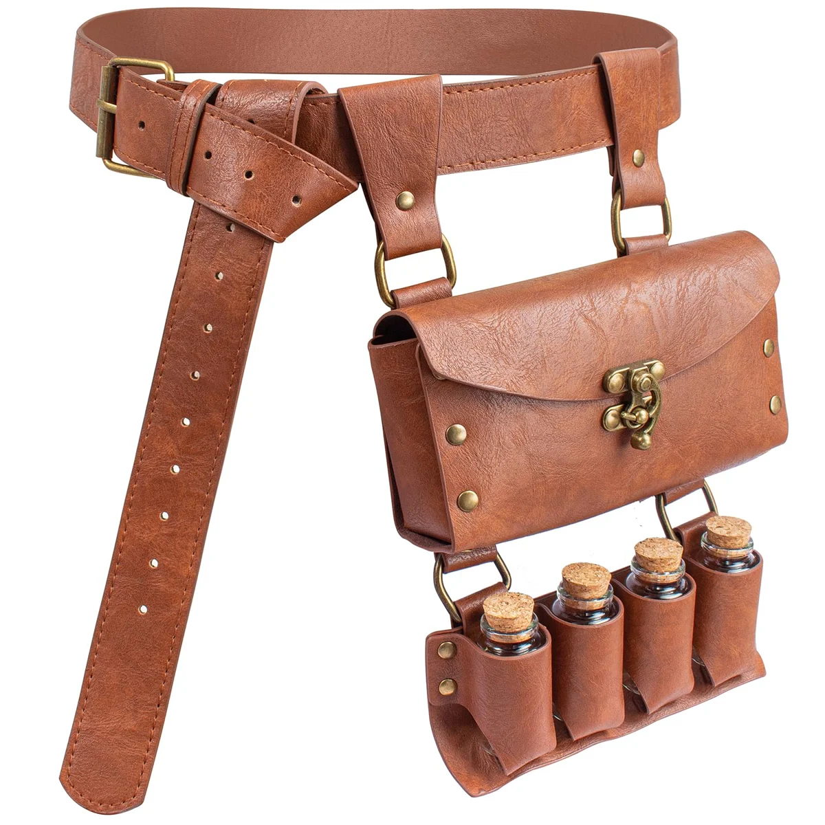 Renaissance Leather Belt Medieval Wizard Alchemy Glass Magic Bottle Cork Bottle Stopper Copper Coin Waist Bag Cosplay Belt Badiee Stylez