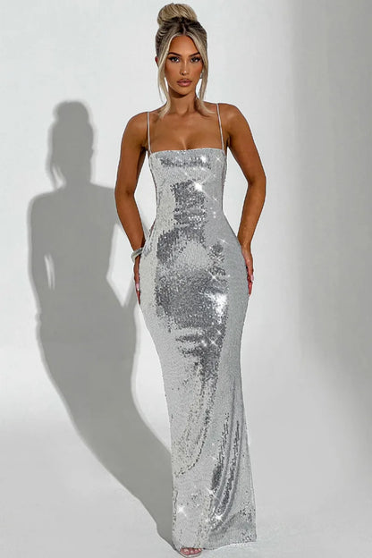 Sexy Sequin Backless Bandage Long Dress Women's Shiny Sleeveless Luxury Silver Dresses Evening Prom Party Birthday Gold Cocktail