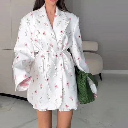 Women's Flower Printed Loose Suit 2025 Spring/Summer New Fashion Collar Belted Waist - Cinching Suit Jacket white