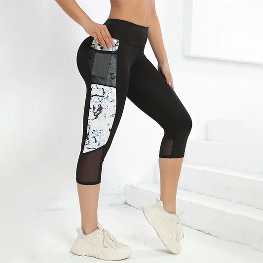 Marble Print Butt Lifting Sports Capri Leggings With Pockets, High Waisted Yoga Tight Capri Pants, Women's Activewear Marble