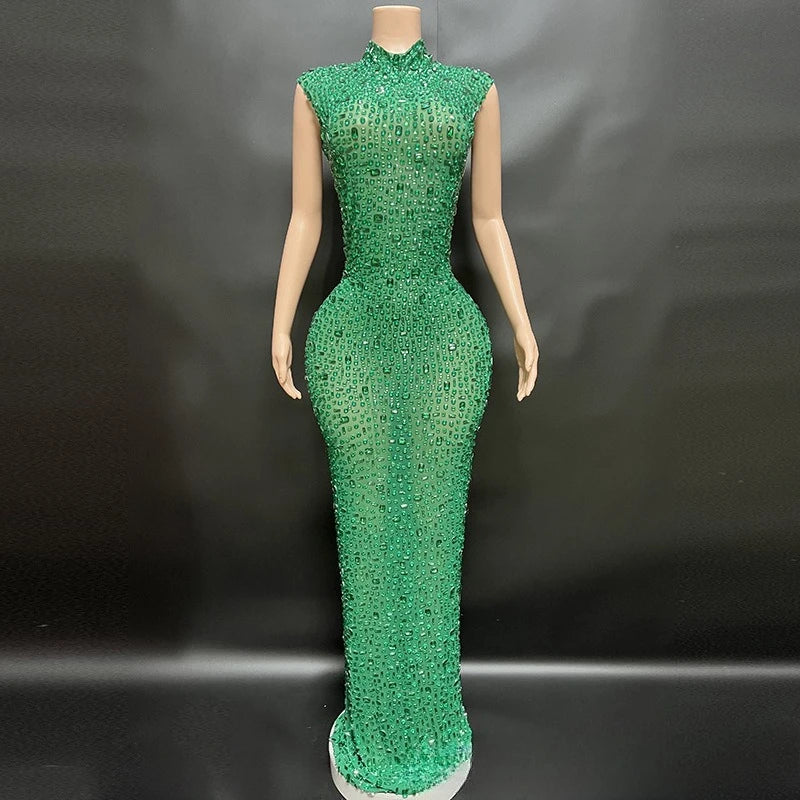 Sexy Full Drill Elastic Slim Fit Sleeveless Long Dress - Hip Wrap, For Host Stage Catwalk & Engagement Evening High-Slit Dresses Badiee Stylez