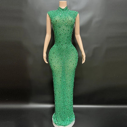 Sexy Full Drill Elastic Slim Fit Sleeveless Long Dress - Hip Wrap, For Host Stage Catwalk & Engagement Evening High-Slit Dresses Badiee Stylez