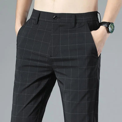 Male Suit Trousers Check Cooling Ice Silk Plaid Straight Up Clothes Offer Slacks Designer Men's Summer Pants Fabric 2024 Classic Black Suits Pants