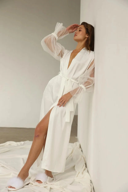 White Bridal Silk Gown With Wide Sleeves Robe Satin Boudoir Wedding Dress Floor-Length Robe Women's Gown Satin Silk Party Dress