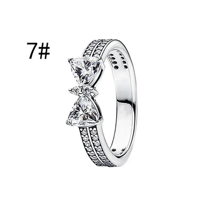 Fine Jewelry Pink Shining Bow Set Ring Earrings Bracelet Necklace Zircon Original 925 Sterling Silver DIY Women DIY Birthdy Gift AMC013004-7