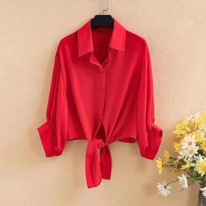 Xpqbb Summer Sun Protection Shirts Ladies Solid Color Tied Waist Half Sleeve Button Blouse Women Casual Loose Chiffon Shirt Red