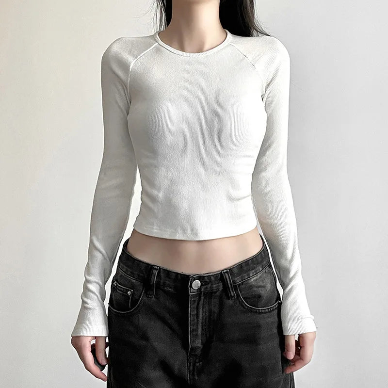 Y2K T Shirts Vintage Women O-neck Tee Long Sleeve Grunge Print Casual Crop Tops Female Graphic Korean Fashion Crop Tops EMO