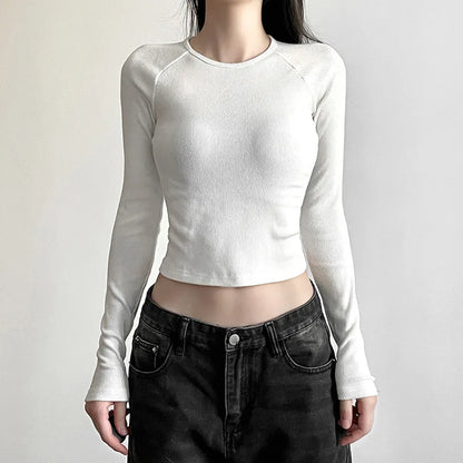 Y2K T Shirts Vintage Women O-neck Tee Long Sleeve Grunge Print Casual Crop Tops Female Graphic Korean Fashion Crop Tops EMO
