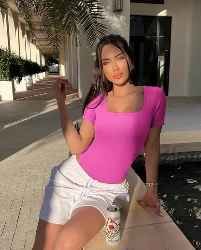 Summer Sexy Short Sleeve Ribbed Square Neck Thong Bodysuits One Piece Square Bodysuits Tummy Control Body Shapers Belly