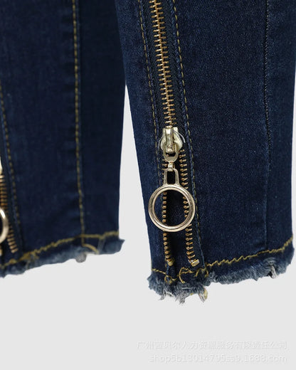 Women Spring Summer 2024 O-Ring Zipper Decor Skinny Jeans Denim Pants Trousers High Waist Jeans Ankle Length