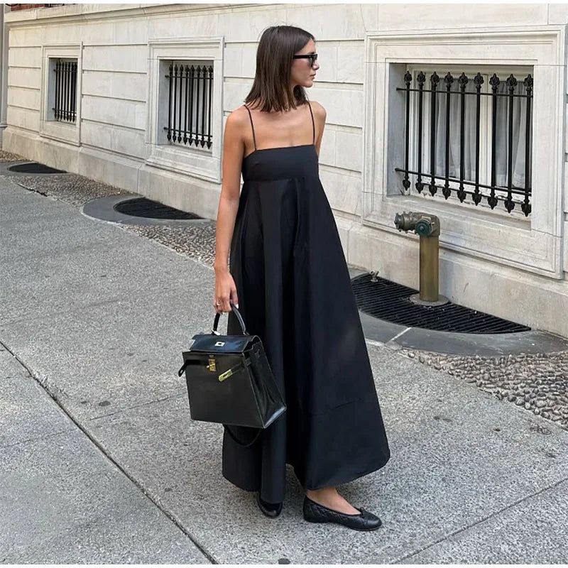 Solid Backless Spaghetti Strap Dress Women's Fashion Loose High Waist A-line Vestidos Summer Lady Holiday Street Robes 2025 New