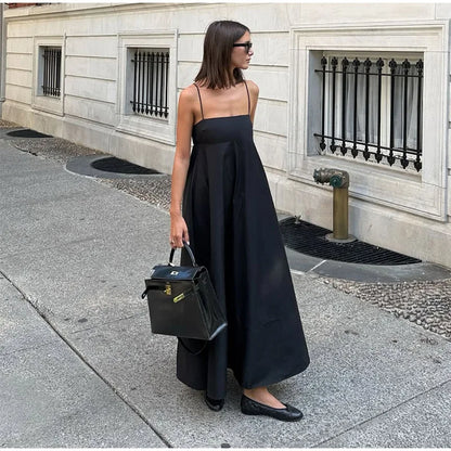 Solid Backless Spaghetti Strap Dress Women's Fashion Loose High Waist A-line Vestidos Summer Lady Holiday Street Robes 2025 New