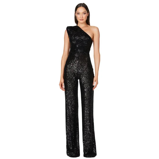 Women Elegant Long Jumpsuits Sexy Glitter Sequin Club Ladies Playsuits Slanted Collar Party Fashion Backless Solid Romper 2024 Badiee Stylez