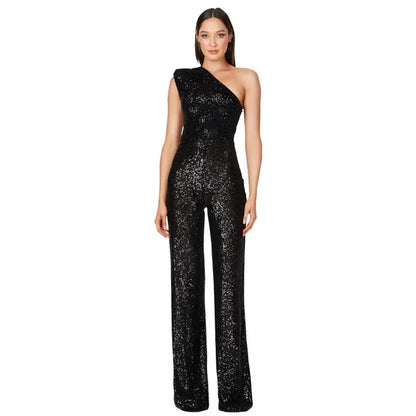 Women Elegant Long Jumpsuits Sexy Glitter Sequin Club Ladies Playsuits Slanted Collar Party Fashion Backless Solid Romper 2024 Badiee Stylez
