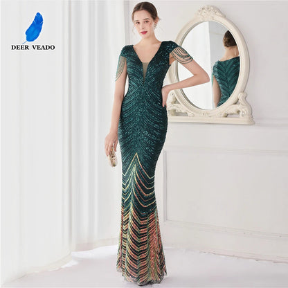 DEERVEADO Elegant V Neck Mermaid Evening Dress Long Luxury Beads Women Evening Party Dresses 2025 New Formal Dress 19085 Badiee Stylez