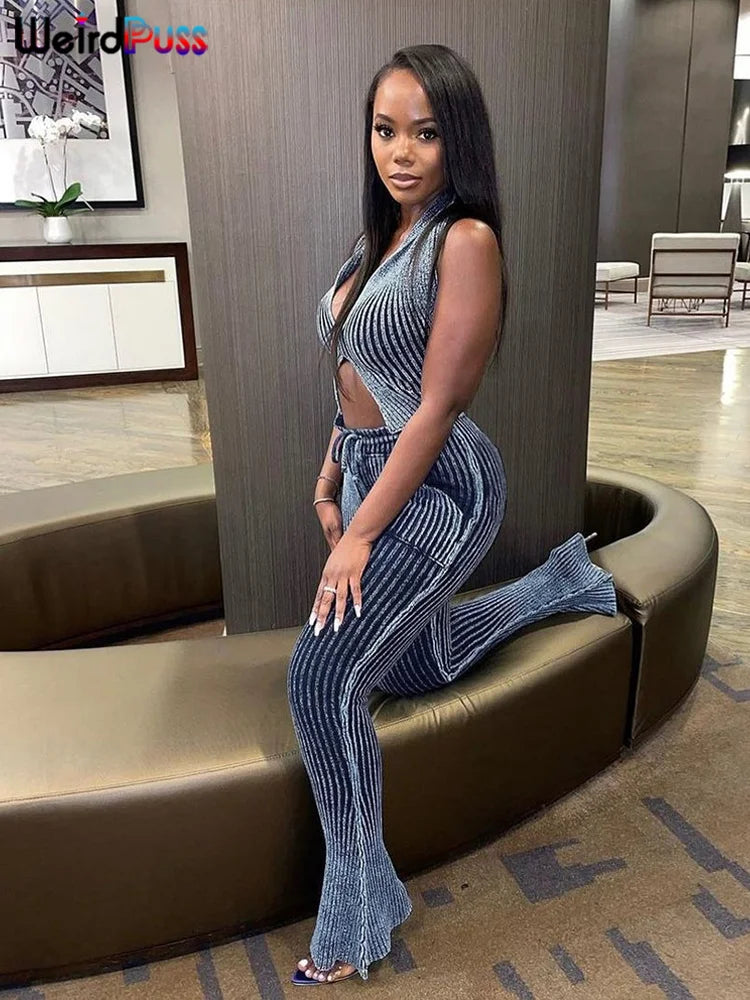 Weird Puss Patchwork Striped Women Casual 2 Piece Set Crochet Halter Low-Neck Vest+Pocket Pants Stretch Skinny Matching Suit Badiee Stylez