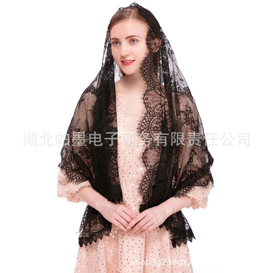 Mantilla Veil Long Length Lace Breathable Lightweight Soft for Wedding Church Ceremony Muslim Wedding Compatible with Wedding black