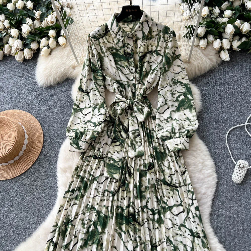 Chic vintage long sleeve turn-down collar button pleated Elegant Fairy korean fashion Boho women clothing Long dress