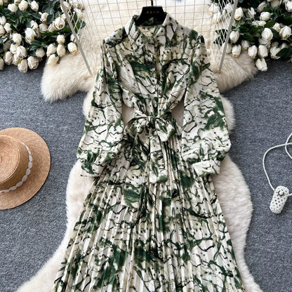 Chic vintage long sleeve turn-down collar button pleated Elegant Fairy korean fashion Boho women clothing Long dress