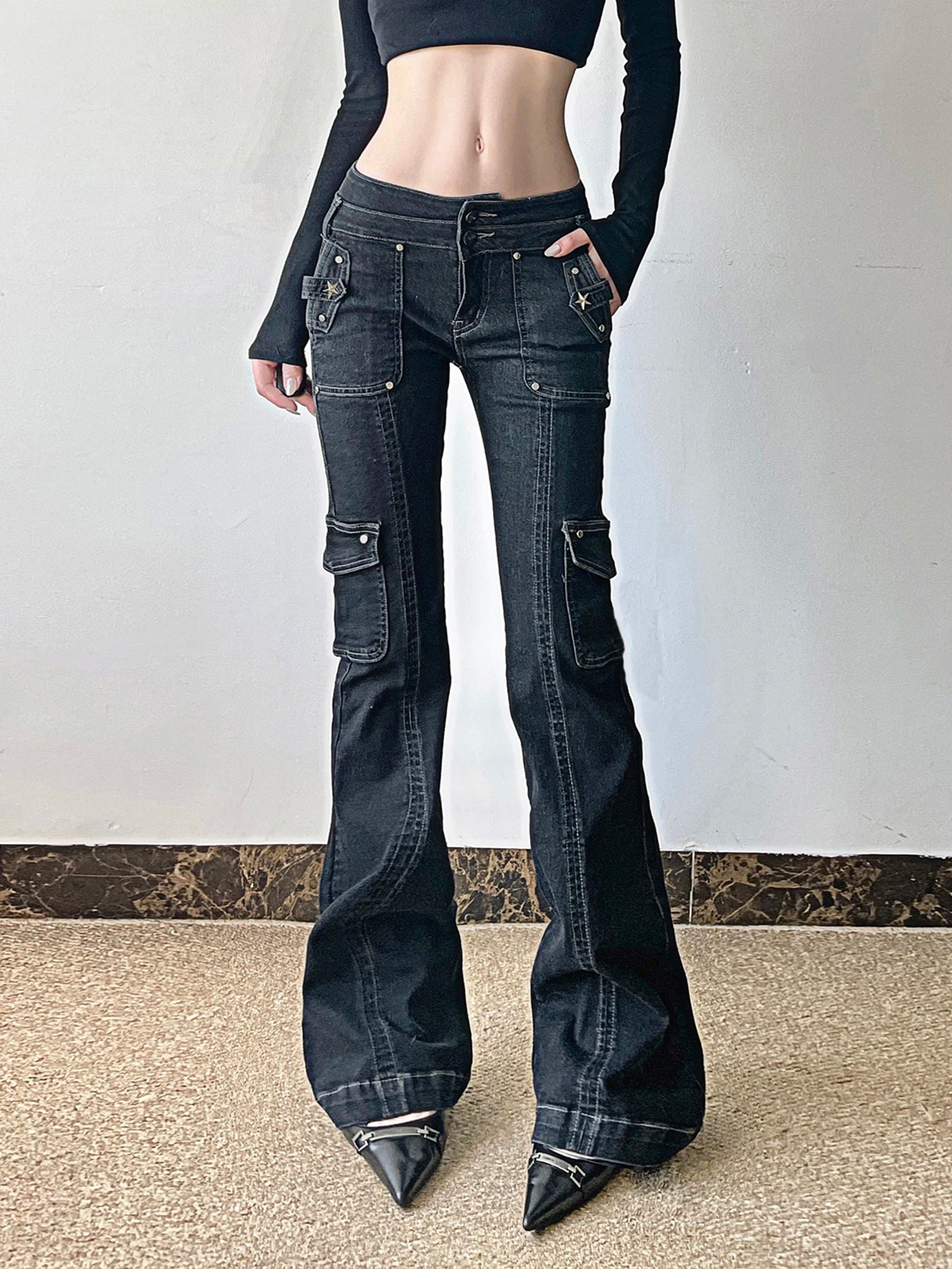 Weekeep Punk Style Star-shaped Rivet Jeans Low Rise Multi-pockets Patchwork Denim Cargo Pants Korean Fashion Hippie Flared Jeans black