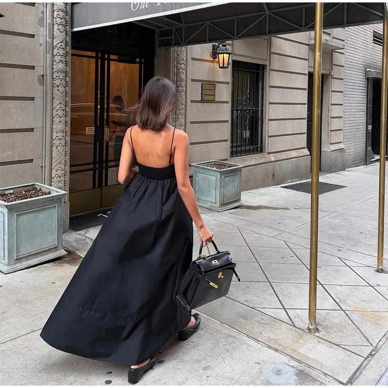Solid Backless Spaghetti Strap Dress Women's Fashion Loose High Waist A-line Vestidos Summer Lady Holiday Street Robes 2025 New