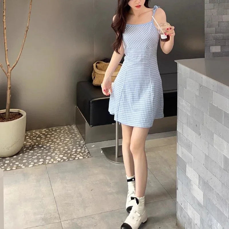Summer Girls Sweet Red Plaid Slip Dress Lady Korean Designer Bowknots Slim Fit Skirts Female Beach Vacation A-line Short Dress Blue Plaid