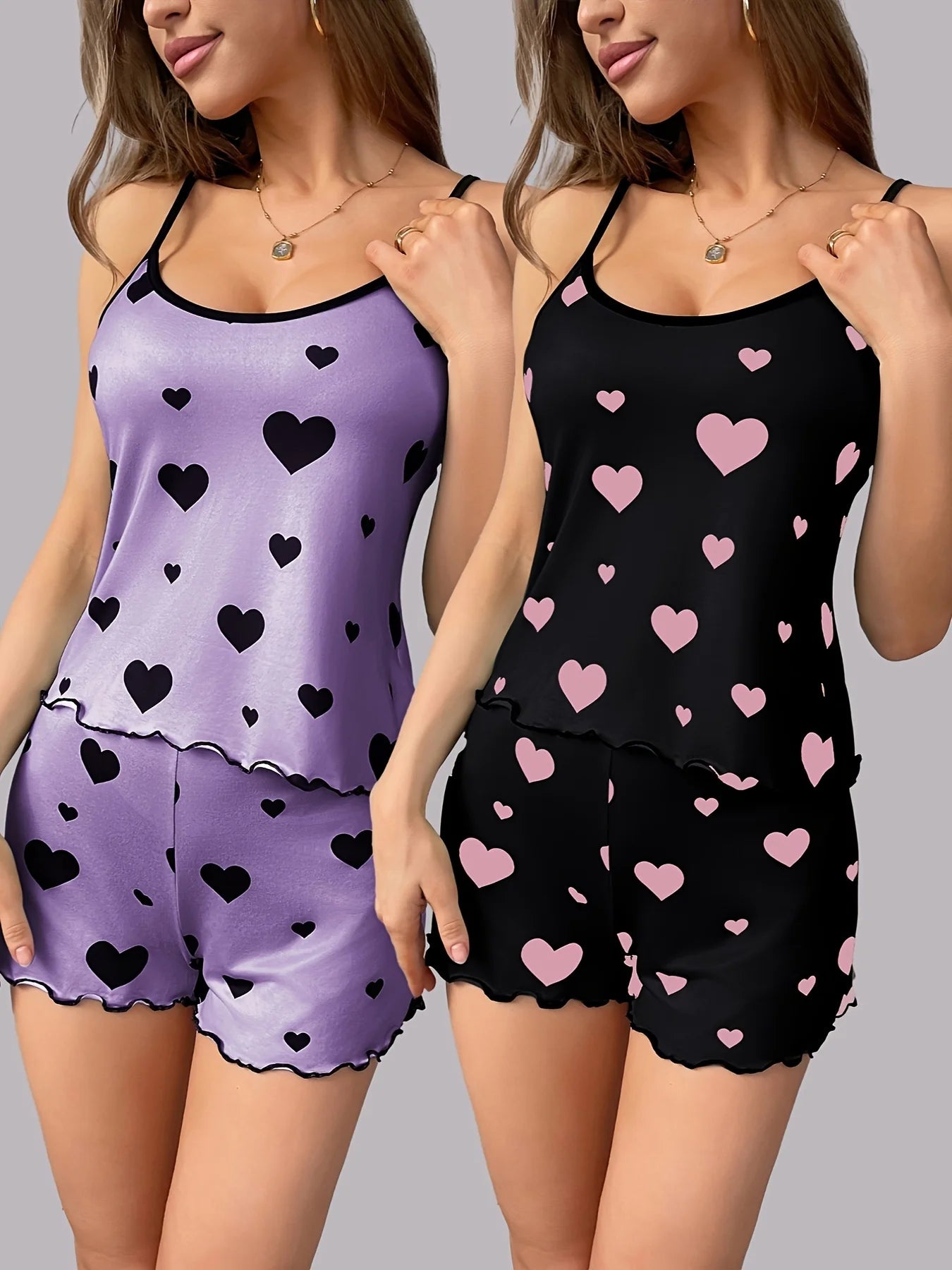 Womens Valentine's Day Cami Pajama Set Sleepwear Heart Love Pattern Loungewear Pjs Ultra Soft Comfy Lounge Set Nightwear New Hot