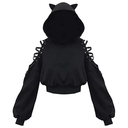 Y2k Gothic Womens Hoodie Cat Ear Crop Top Hooded Sweatshirt Hollow Out Lace Up Long Sleeve Hodded Casual Pullover Autumn A