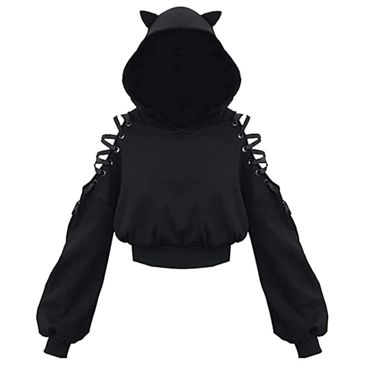 Y2k Gothic Womens Hoodie Cat Ear Crop Top Hooded Sweatshirt Hollow Out Lace Up Long Sleeve Hodded Casual Pullover Autumn A