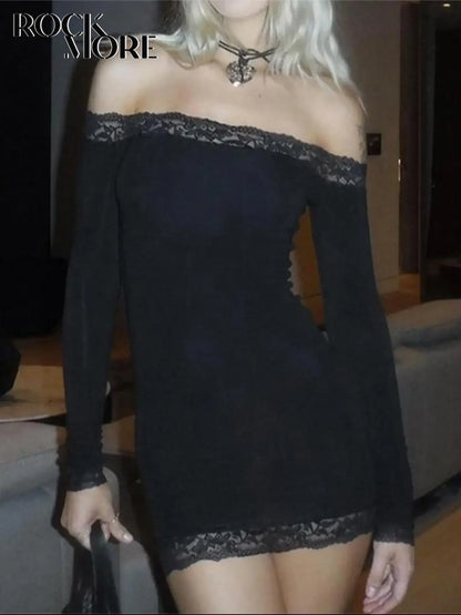 Rockmore Women's Lace Off Shoulder Bodycon Dress Elegant Long Sleeve Mini Dress for Party Club Dating Ladies Spring Fall Clothes