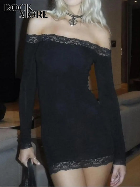 Rockmore Women's Lace Off Shoulder Bodycon Dress Elegant Long Sleeve Mini Dress for Party Club Dating Ladies Spring Fall Clothes