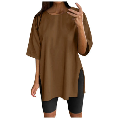 Extra Long Tops Women Oversize Sports Short Sleeve Blouses Summer Loose Tops Crew Neck Solid Large Size Side Split Pullover