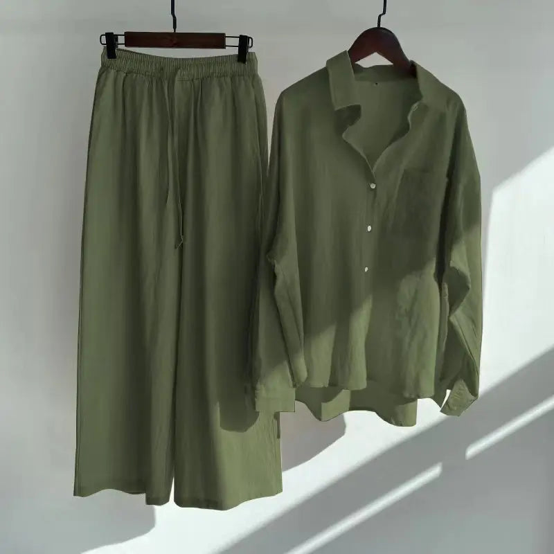Pants Set Women Shirts Wide Leg Elastic Waist Cotton Linen Casual Sets Elegant Loose Long Sleeve Lapel Spring Shirt Y2k Suit