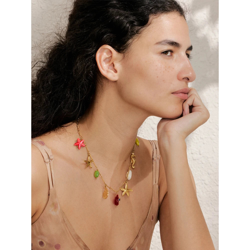 Yhpup Ocean Style Summer Fashion Jewelry Crab Starfish Shell Pendant Necklace Stainless Steel Golden Charm Pendant Accessories