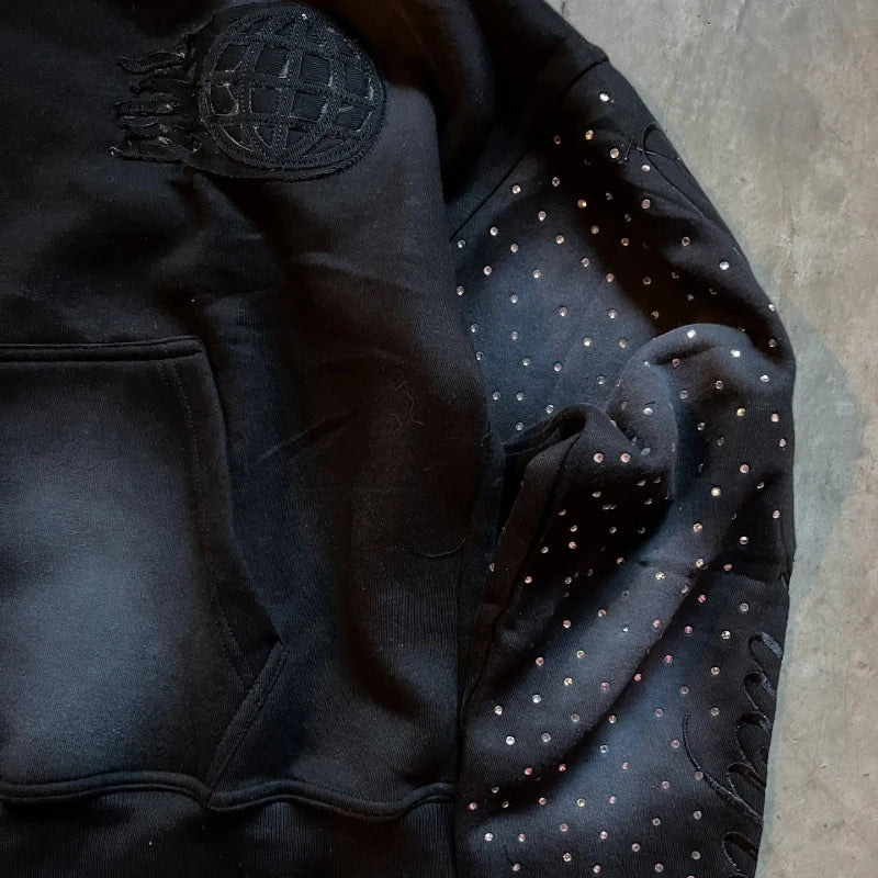 Autumn and winter European loose rhinestone decal retro zipper hoodie y2k Harajuku casual solid color sports design street hoodi