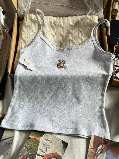 Cute Animal Embroidery Tank Tops Women Summer Lace Trim Cotton Sleeveless Camisole Vests Solid Vintage Sweet Slim Crop Top Y2k Bear-eyelet One Size