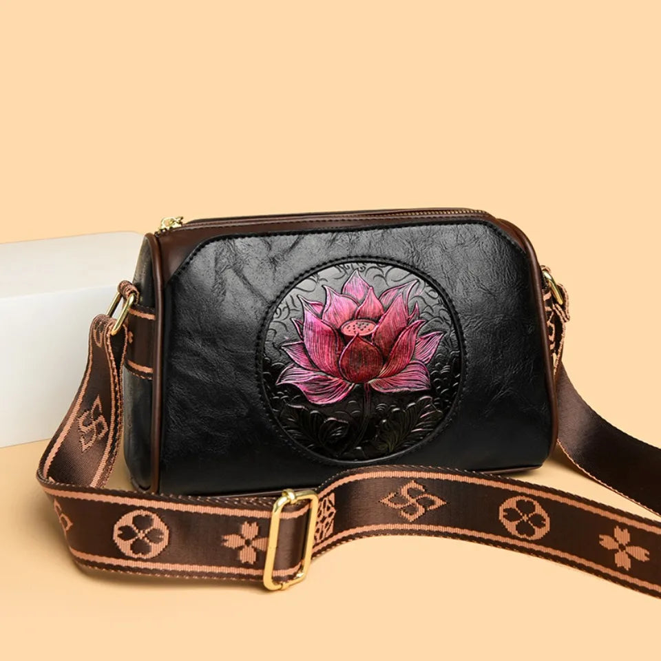 Three Layers Women Handbag Soft Leather Shoulder Crossbody Bags for Women Flower Print Ladies Messenger Bag with WIde Strap