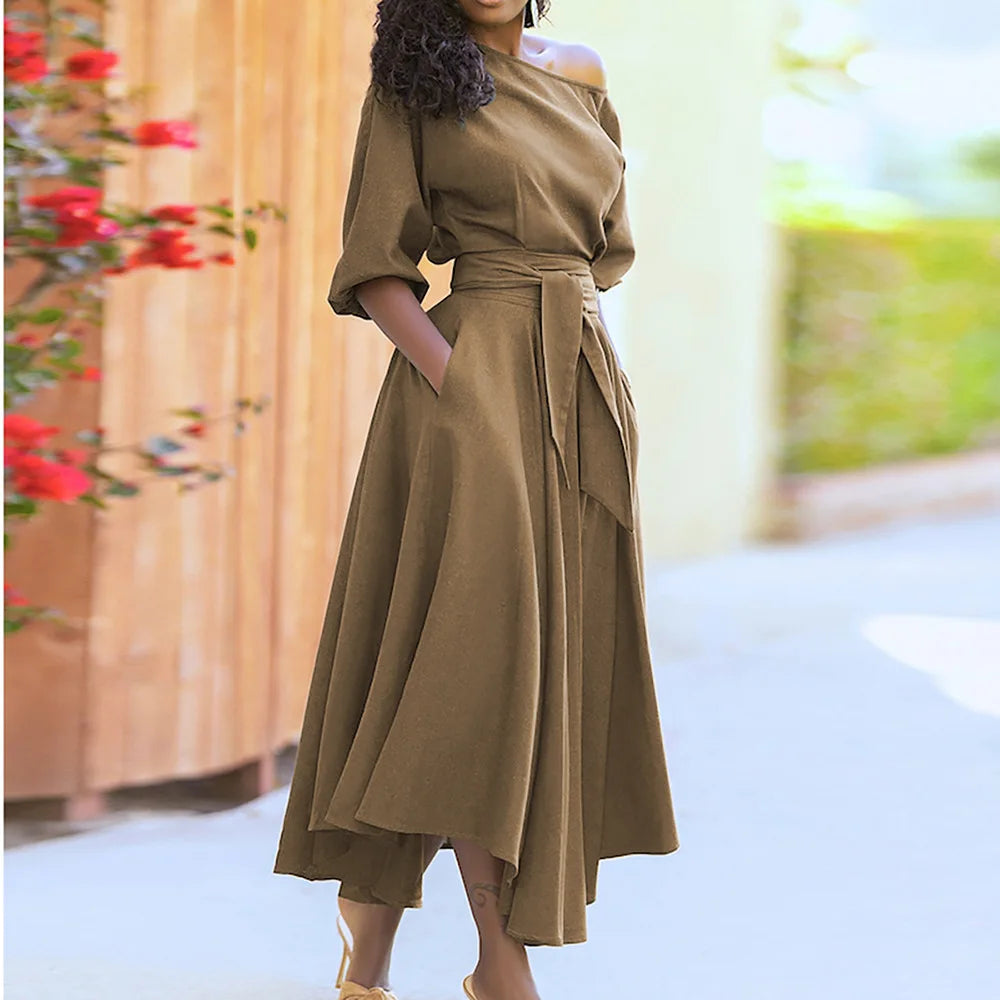 Elegant Women's Spring/Summer Fashion Green Diagonal Neck Middle Sleeve Casual Dress Women's Casual Retro Long Dress s-3XL khaki