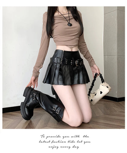 Women's Black Gothic A-line Pleated Leather Skirt Y2k Mini Shorts Skirts Harajuku Korean Emo Skirt 2000s Vintage Clothes Summer
