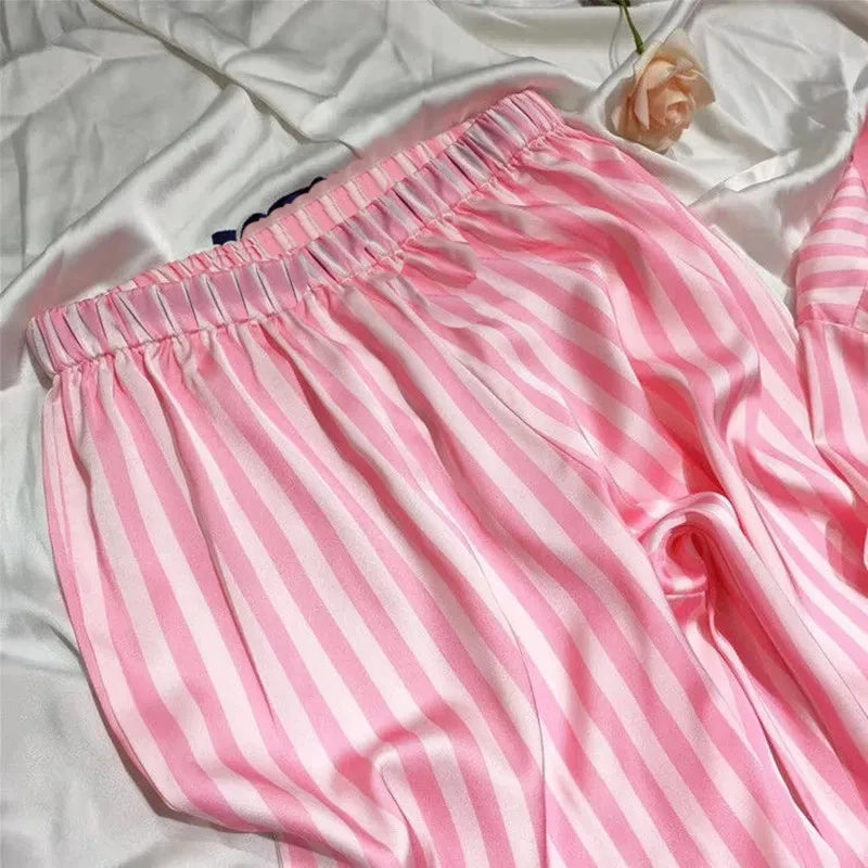 Women's Satin Pink Striped Pajama Set Silk Luxury Long Sleeve Button up Lapel Top with Pants Sleepwear & Loungewear