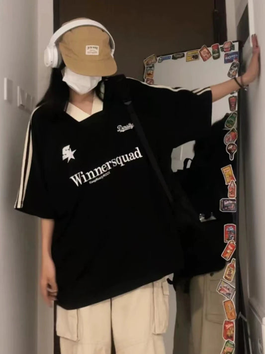 2024 Y2K Oversized Jersey T-shirt Women Summer New Vintage Short Sleeve V-neck Loose Sports Tops Hip Hop Streetwear Letter Tees