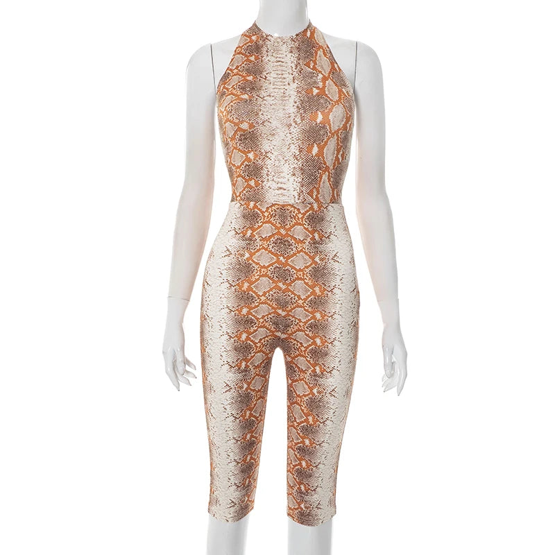 CUTENOVA Women'S Full-Body Printed Hanging Neck Tie Backless Skinny Five Points Jumpsuit Simple Casual Sexy Street Jumpsuit