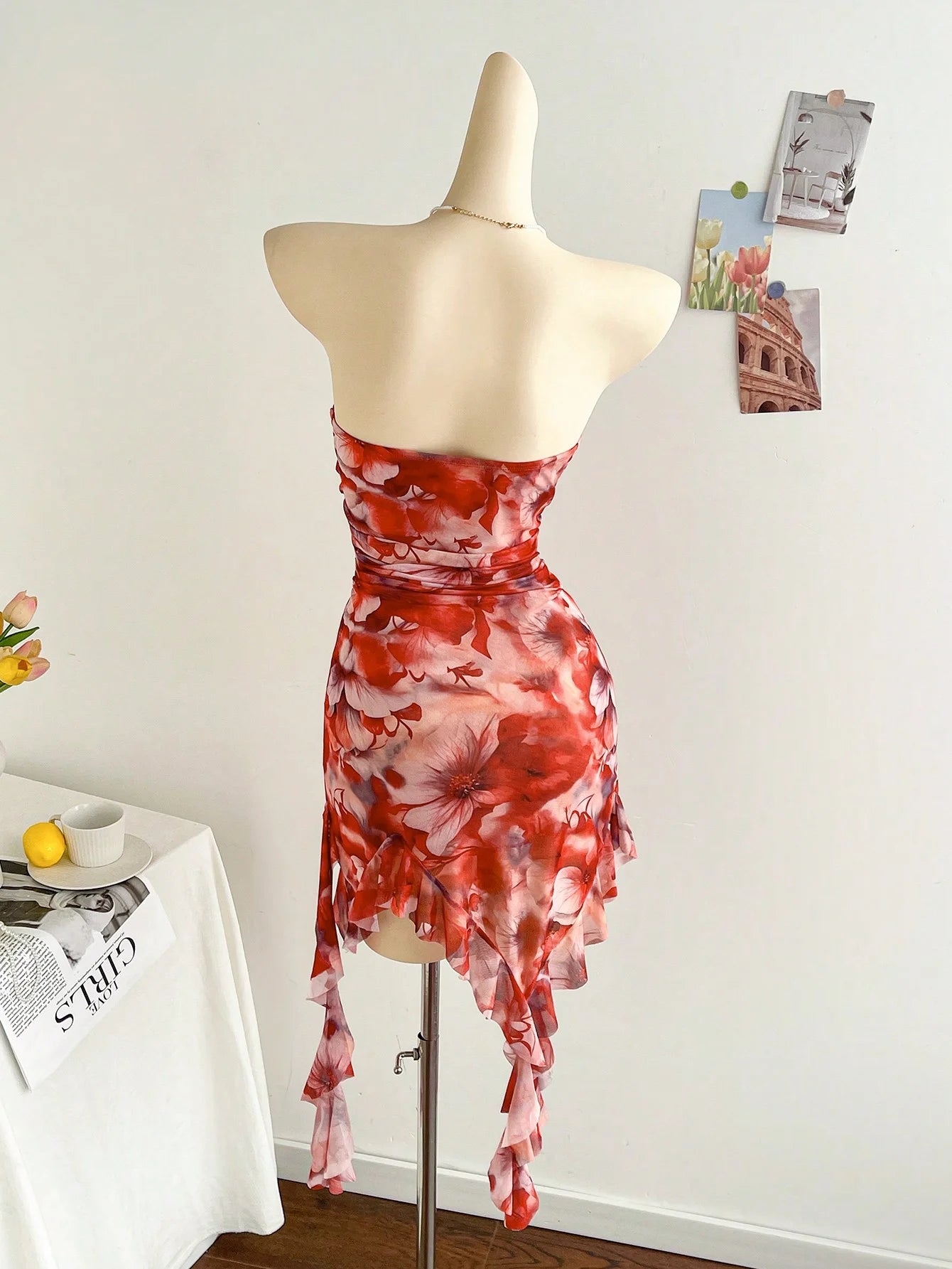 New spring/summer ladies sexy strapless, backless hemline irregular mini dress