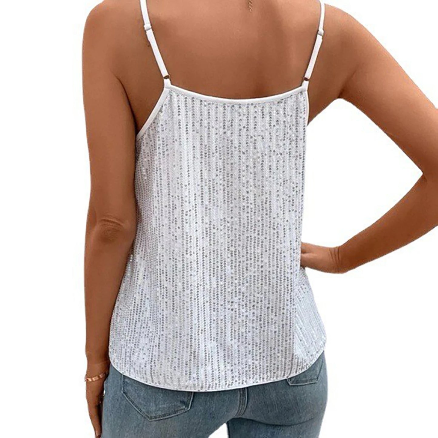 2024 Women´s Summer Sequin Cami Tops Spaghetti Strap V-Neck Sparkle Shimmer Loose Sleeveless Tanks Tops