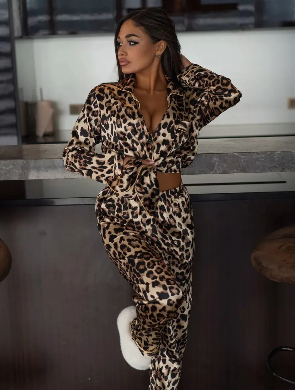Leopard Print Long Sleeve Pajmaas Set Spring New Silk Satin Sleepwear Home Clothes Loose Casual Home Clothes Trouser Suits