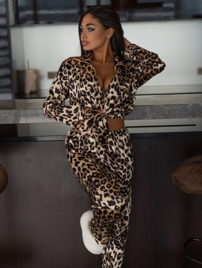 Leopard Print Long Sleeve Pajmaas Set Spring New Silk Satin Sleepwear Home Clothes Loose Casual Home Clothes Trouser Suits